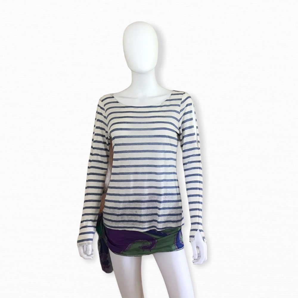 LAmade Oatmeal/Lt Blue Striped Long Sleeve Sheer Top, S